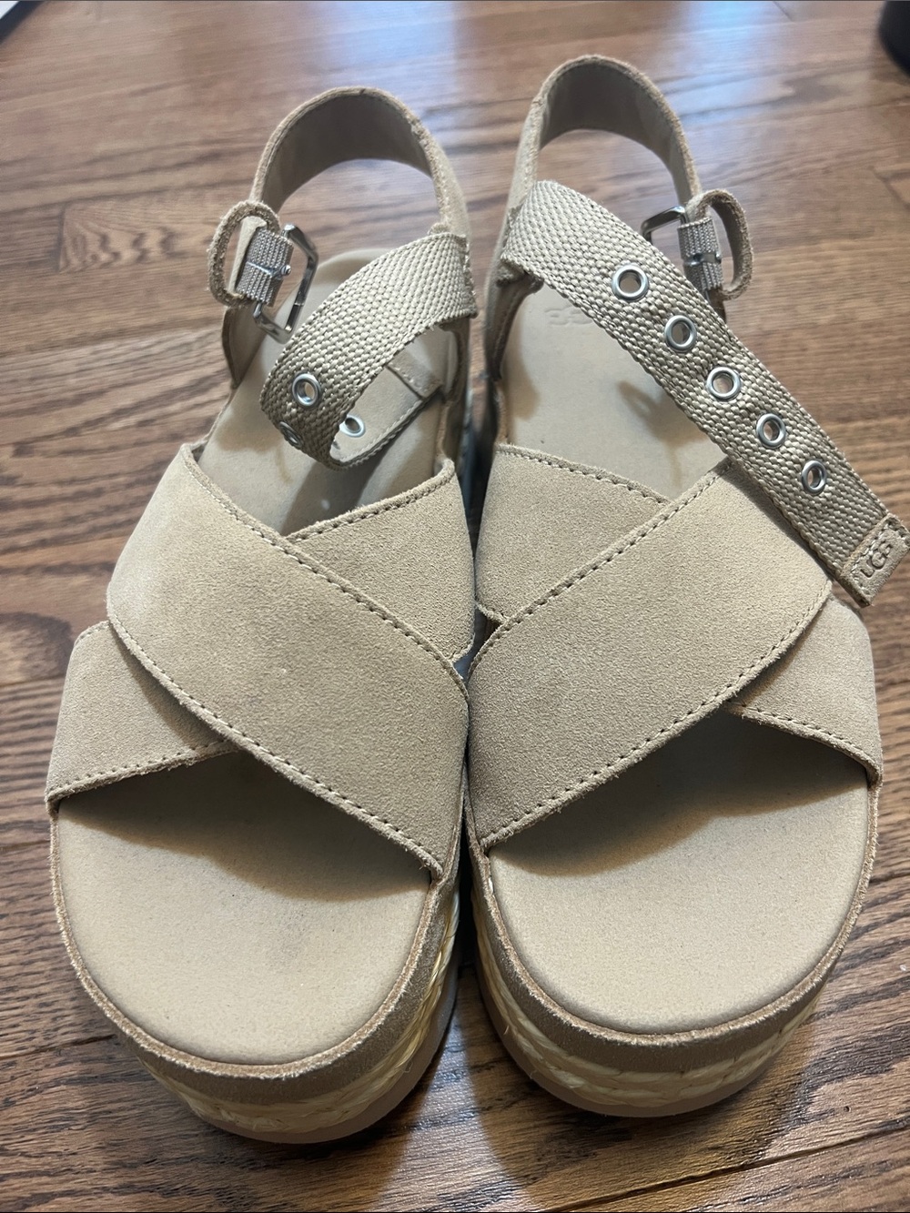 UGG Aubrey Tan Suede Platform Espadrille Sandals with Braided Midsole. - Picture 7 of 8